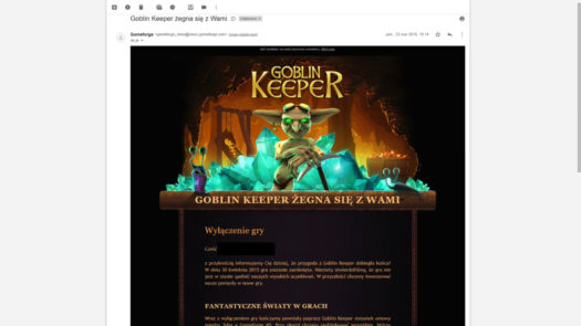 E-mail o wyłączeniu gry Goblin Keeper