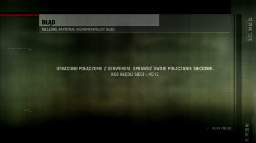 Ekran informujący o utraconym połączeniu z serwerem dla gry Killzone 2