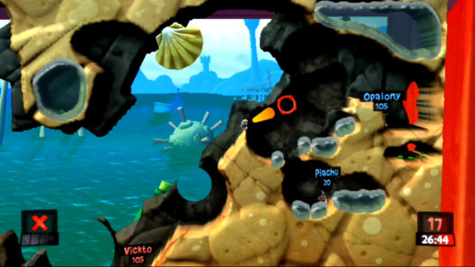 Pozycja i kąt do wrzucenia Opalonemu Bomby odłamkowej w misji Plażowi bandyci w grze Worms Revolution Extreme