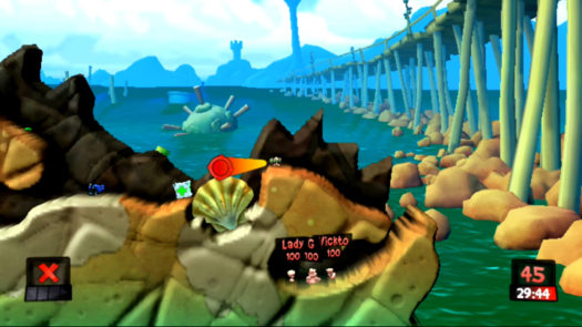 Pozycja i kąt do strzału z Bazooki w działko strażnicze w misji Życie to nie tylko plaża w grze Worms Revolution Extreme