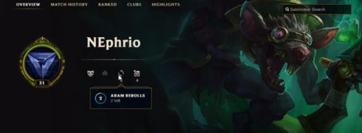 Dostępne ponowne losowania w widoku profilu gry League of Legends
