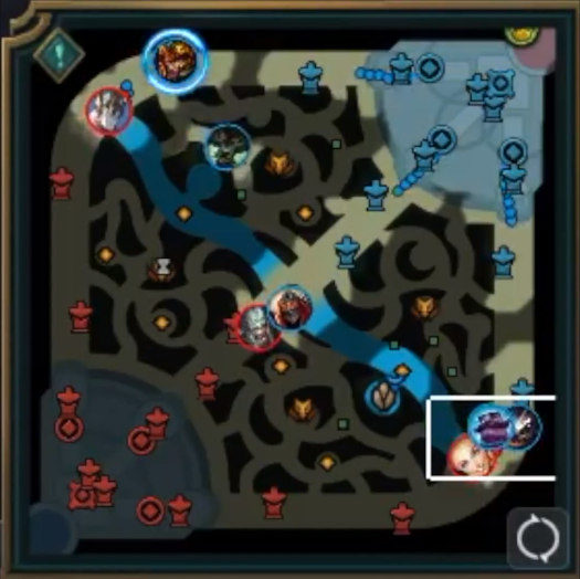 Minimapa w League of Legends pokazująca położenie 9 z 10 bohaterów