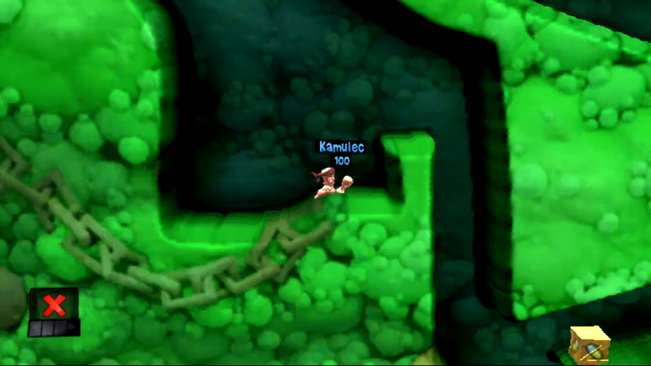 Optymalne ustawienie do użycia drugiego Ognistego uderzenia w łamigłówce Wyciąć ich równo z trawą (ogólnie 13 łamigłówka i 3 w motywie Strachu) w grze Worms Revolution Extreme